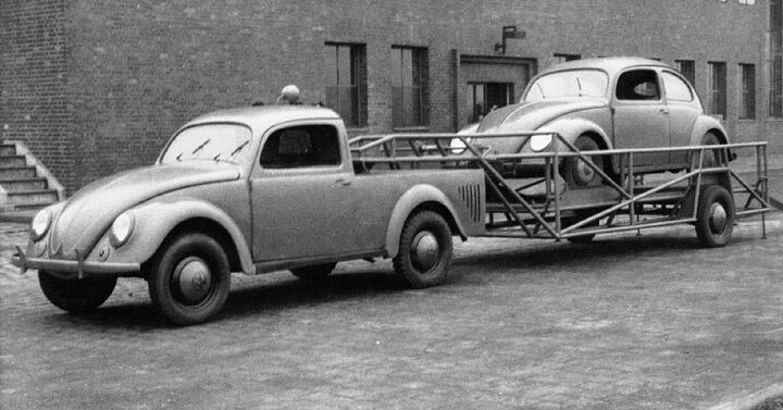 1946 vw beetle factory pickup with fifth wheel car hauling trailer discovered
