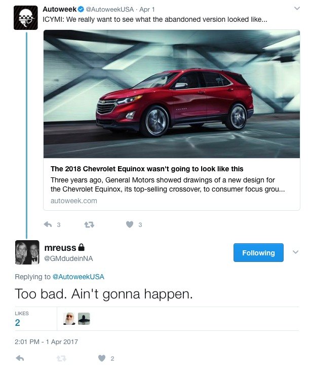 first 2018 chevrolet equinox design sucked so bad that mark reuss has vowed you ll