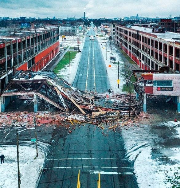 an icon of detroits ruin packard plant bridge collapses fades into history