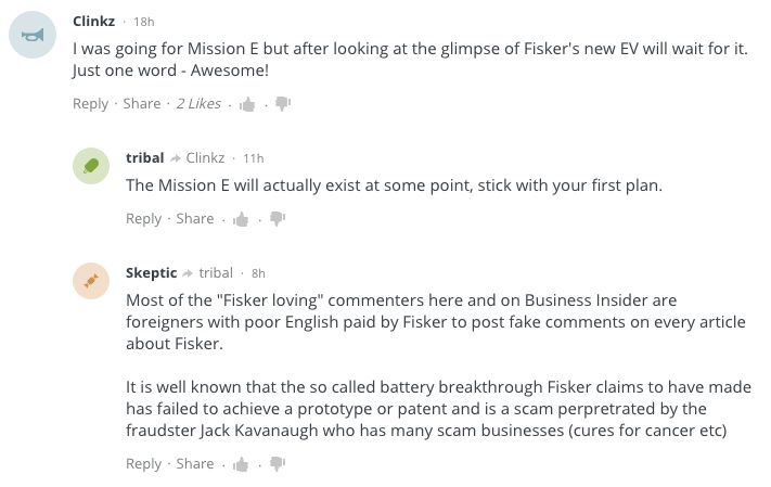 fisker is trying to drum up hype with fake article comments using an indian social
