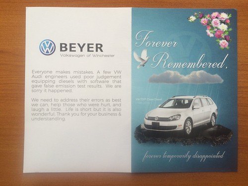 volkswagen dealer sends sympathy card to tdi owners