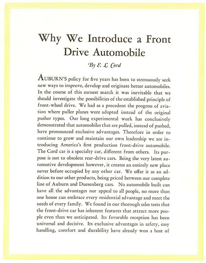 Antique Auto Advertising: Why We Introduce A Front Drive Automobile by E. L. Cord