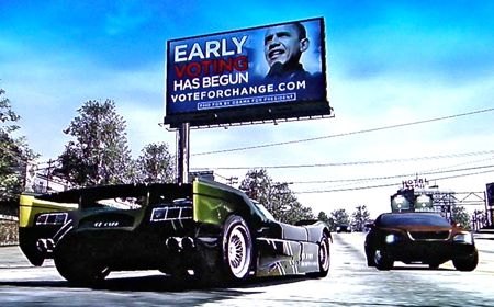 barack obama virtual billboard in ironically named burnout paradise videogame