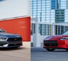 Side-by-side comparison of a modern Nissan Z and Ford Mustang, highlighting their distinct design languages.